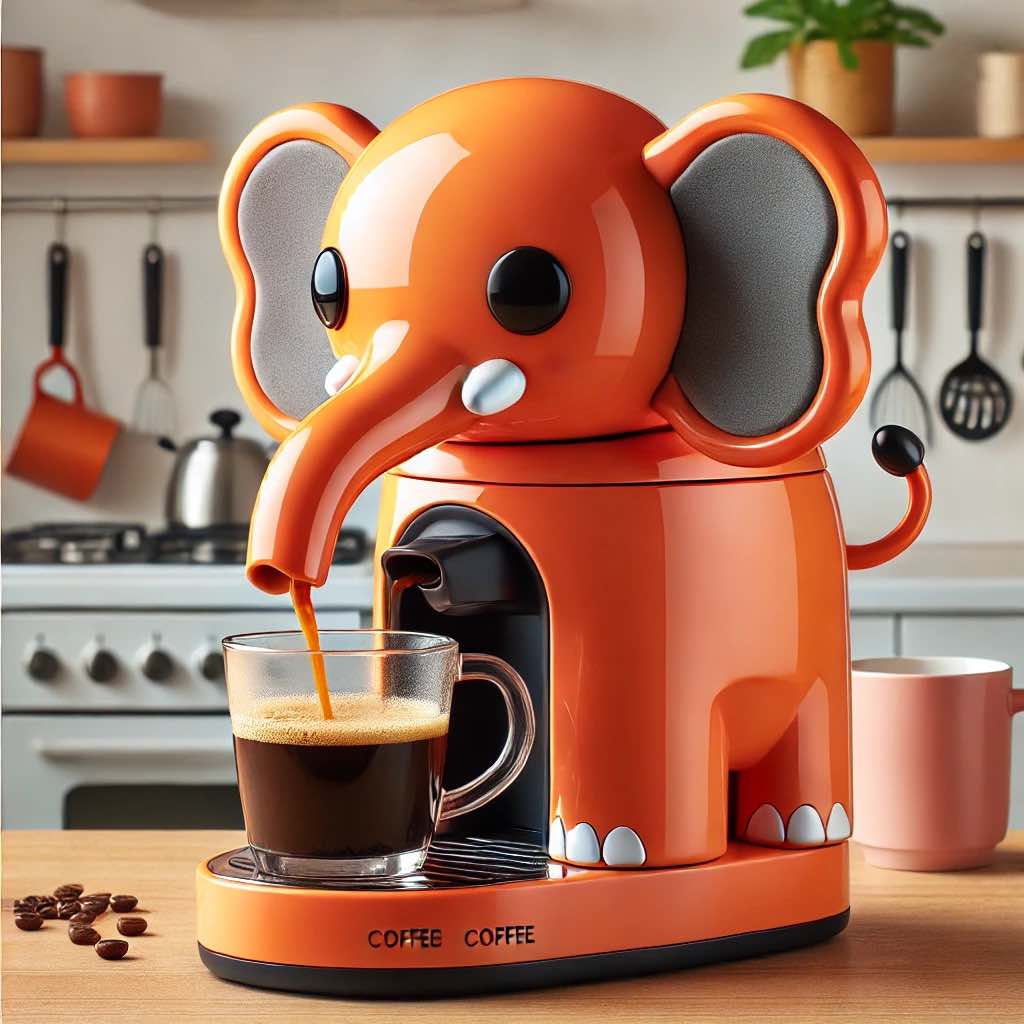 Vibrant orange elephant coffee maker pouring coffee from its trunk into a glass cup.