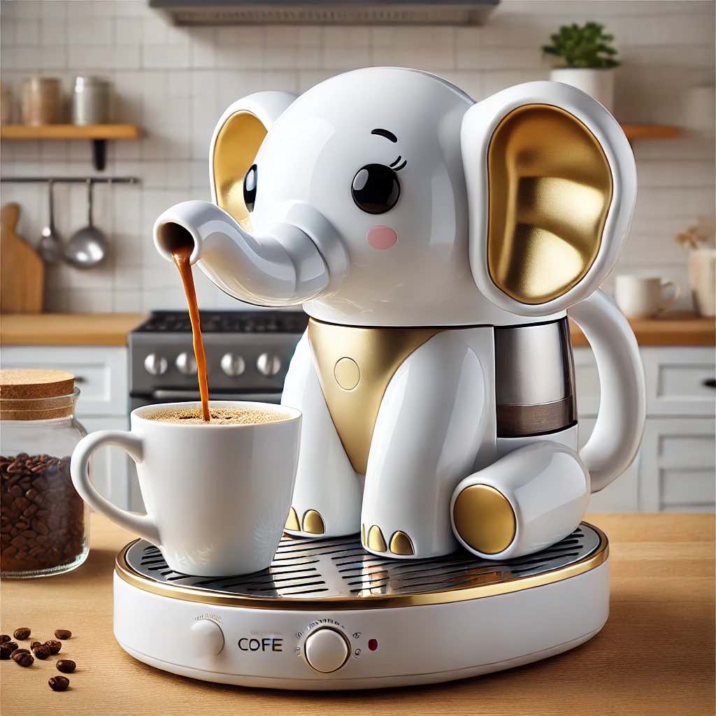 White elephant coffee machine with gold accents, brewing coffee into a white mug.