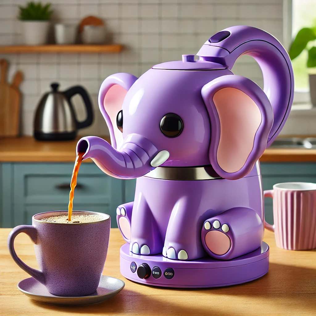 Pastel purple elephant-shaped coffee machine pouring coffee into a matching mug.