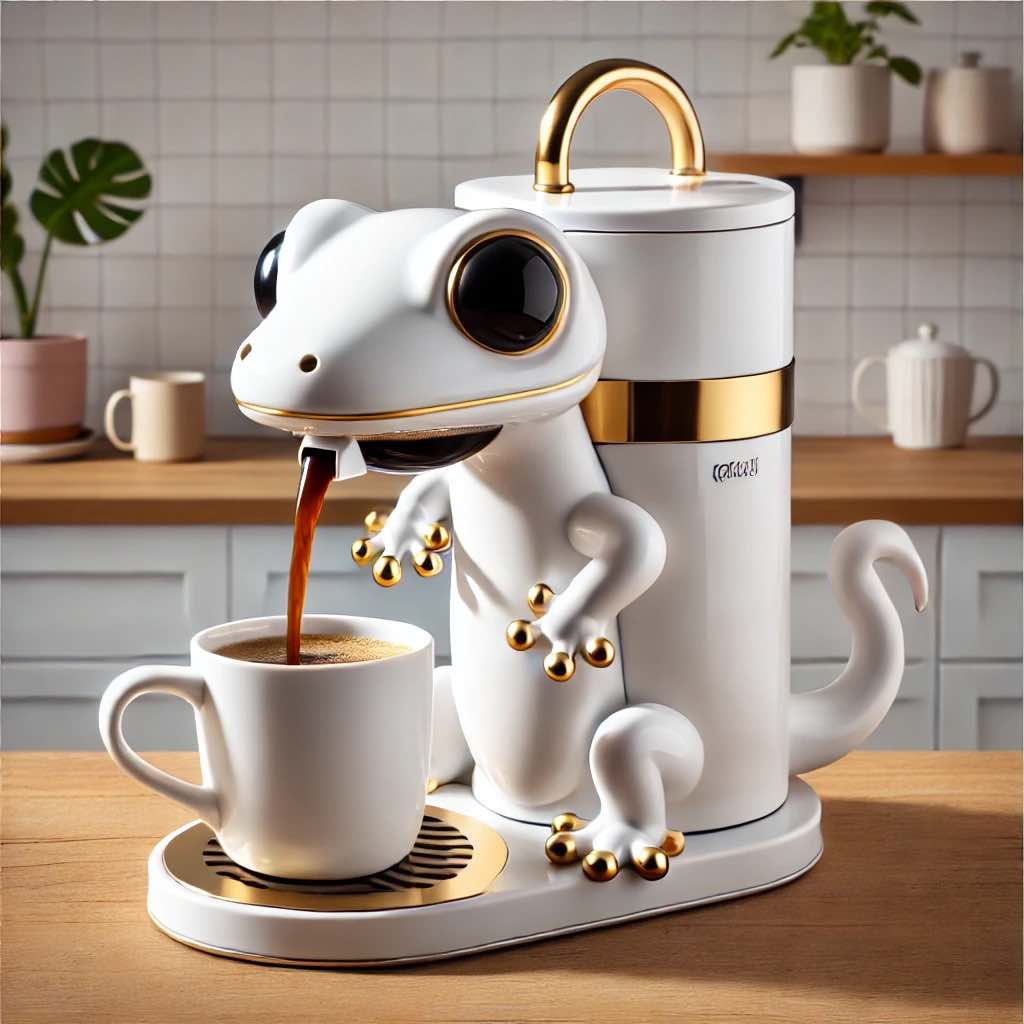 A white and gold gecko-themed coffee machine pouring coffee into a cup, adding a touch of fun to the kitchen.