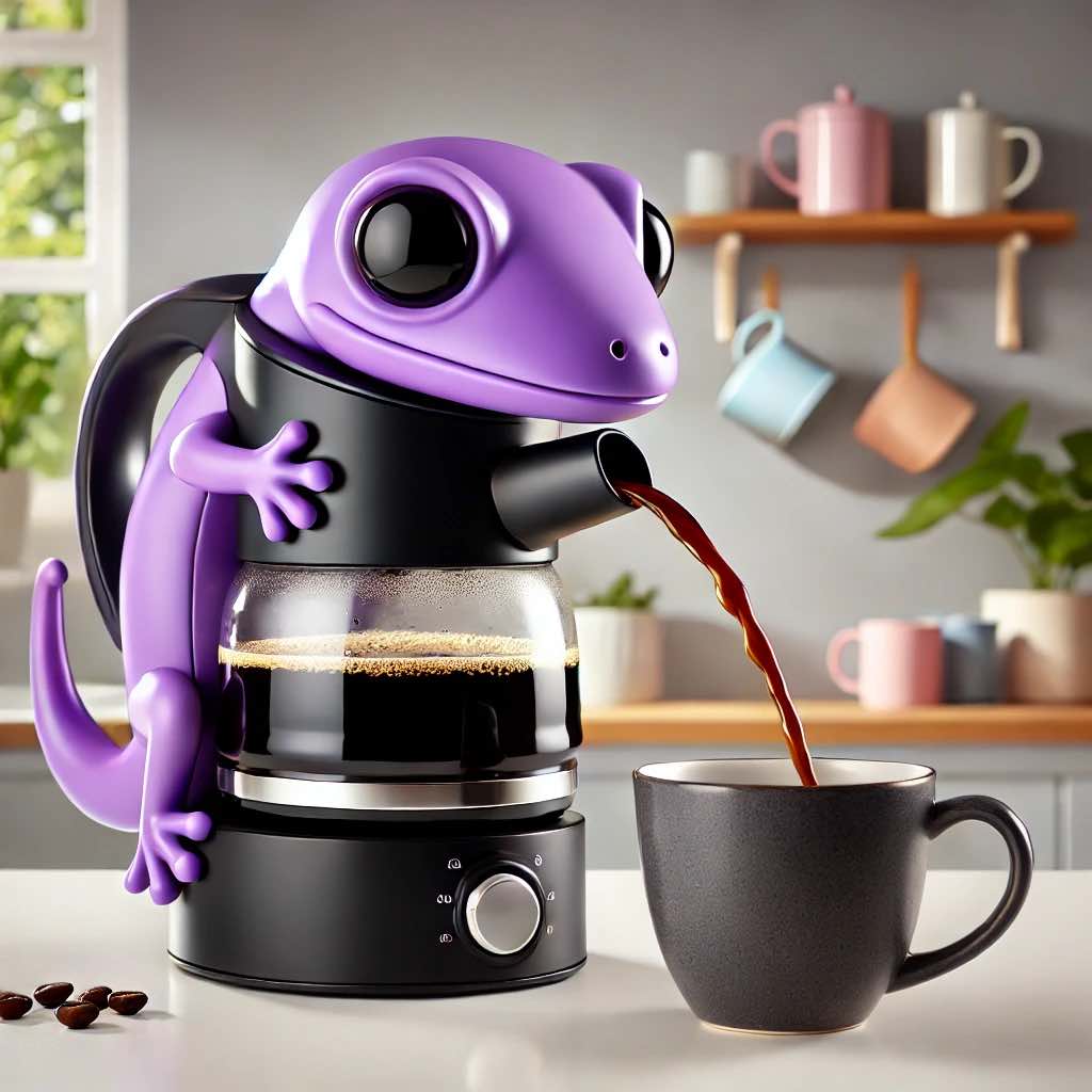 A purple gecko-themed coffee machine pouring coffee into a cup, perfect for a playful and colourful kitchen.