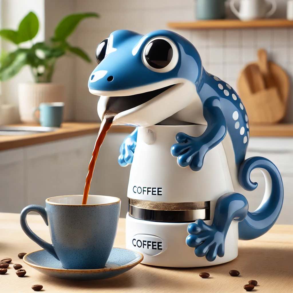 A blue gecko-shaped coffee machine pouring coffee, blending functionality with a quirky and creative design.