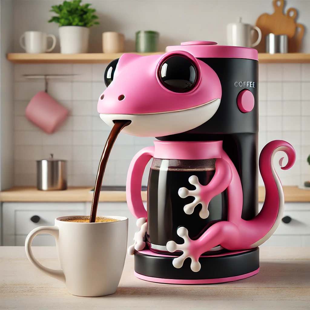A pink gecko-themed coffee machine brewing coffee, creating a playful and charming atmosphere in the kitchen.