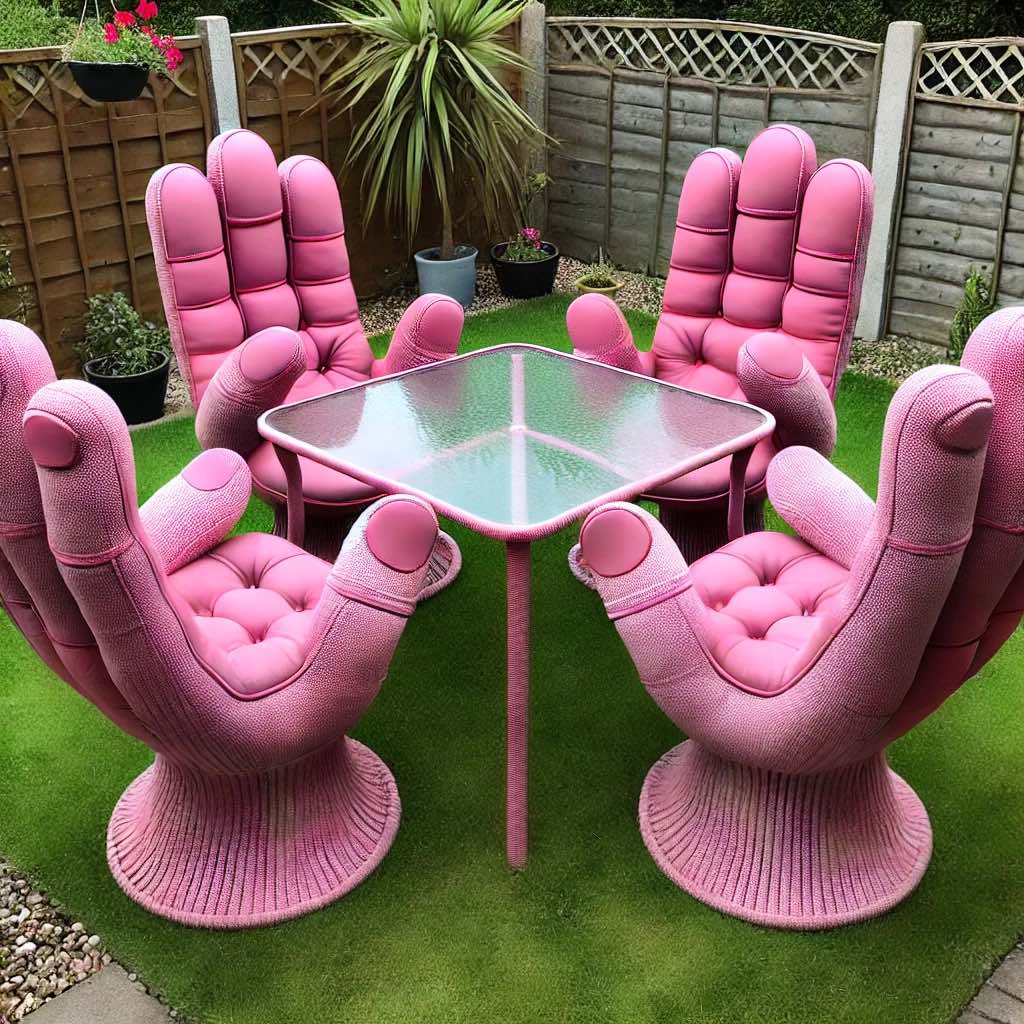 Bright pink hand-shaped garden chairs creating a playful outdoor seating arrangement.