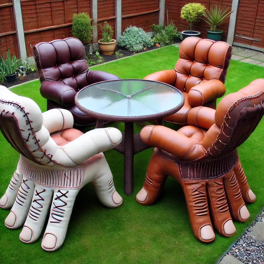 Brown and white baseball glove-shaped chairs around a glass table, perfect for a sports-themed outdoor setup.