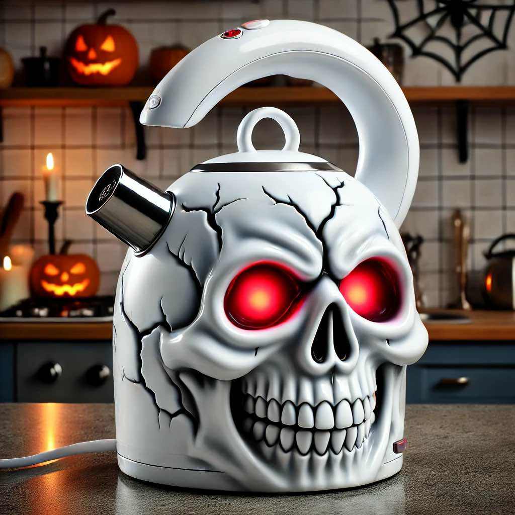 A spooky kettle shaped like a skull with glowing red eyes, perfect for Halloween.