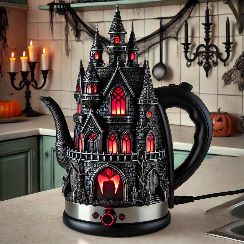 A kettle designed like a haunted house with gothic details and eerie red windows.