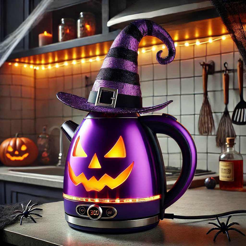 A playful purple kettle adorned with a witch's hat and a pumpkin face.