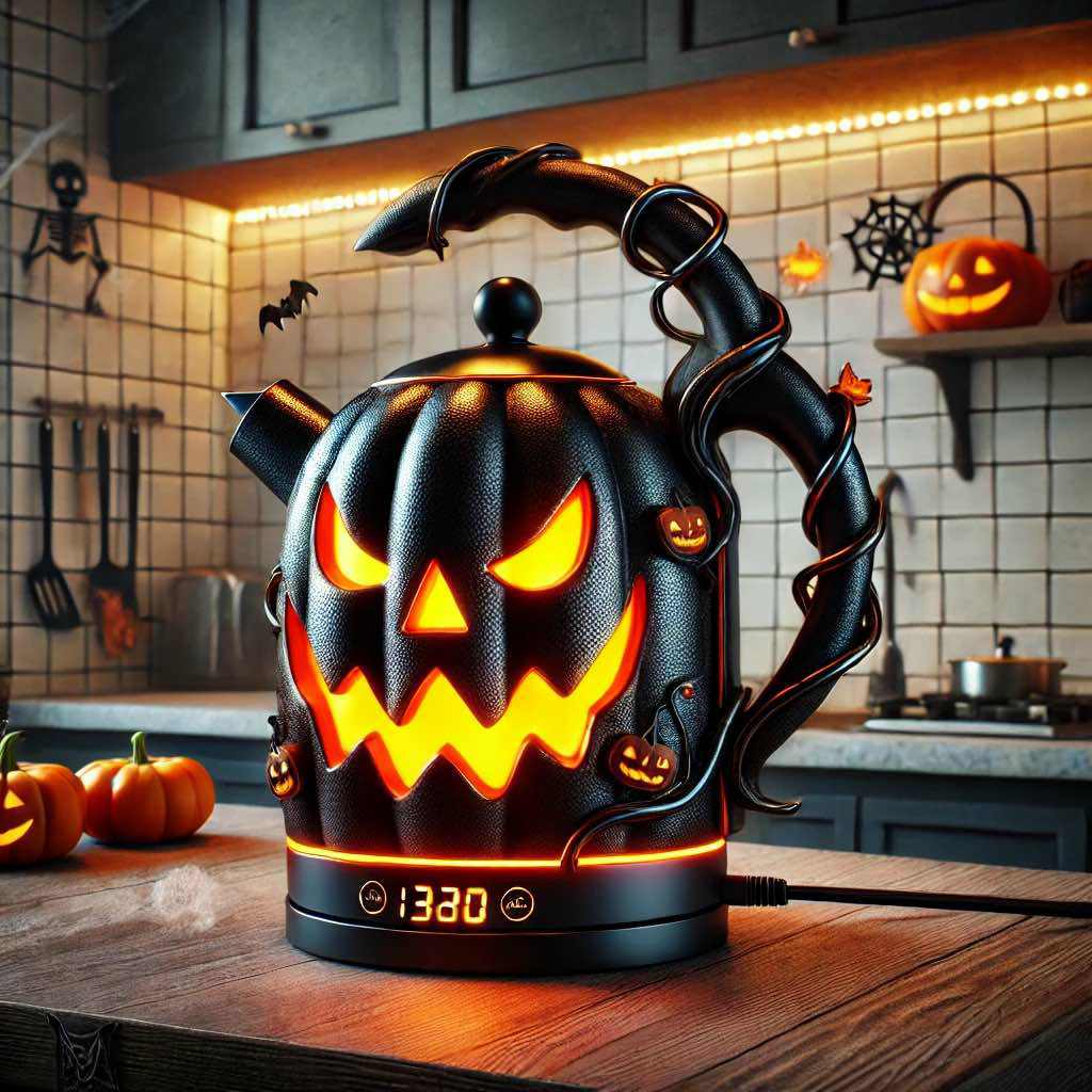 A kettle designed to look like a pumpkin with glowing elements and curling vines.