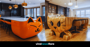 A collection of cat-shaped kitchen islands in various designs and colours, adding personality to modern kitchens.