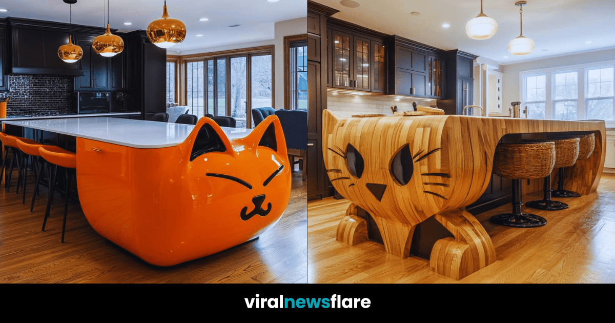 A collection of cat-shaped kitchen islands in various designs and colours, adding personality to modern kitchens.