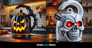 A collection of Halloween-themed kettles featuring skulls, haunted houses, witch hats, and pumpkins.
