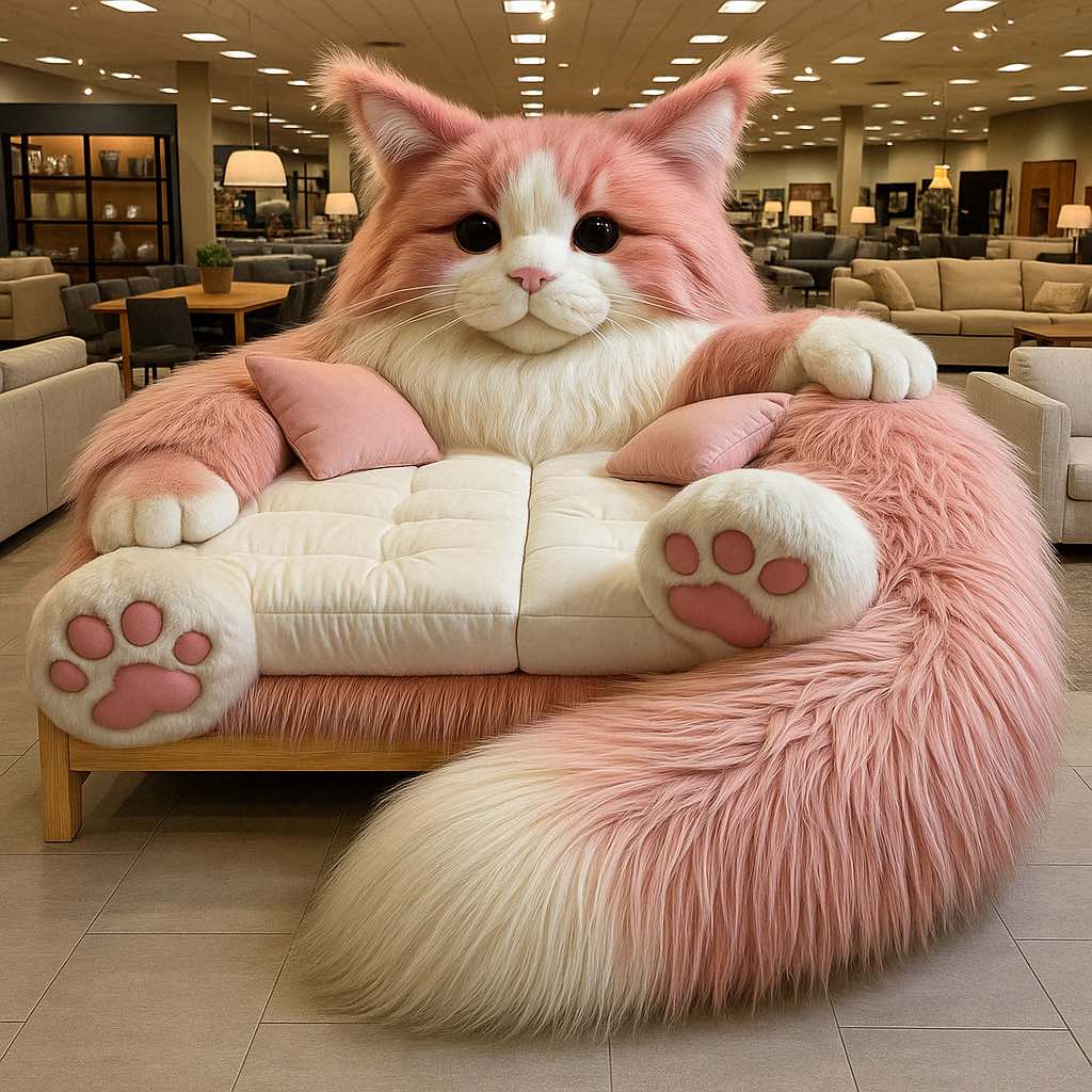 Fluffy pink cat-shaped sofa with white cushions and pink paw armrests in a furniture showroom.