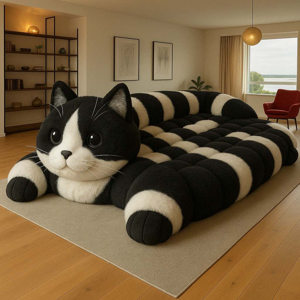 Oversized black and white striped cat-shaped bed on a beige rug in a modern interior setting.