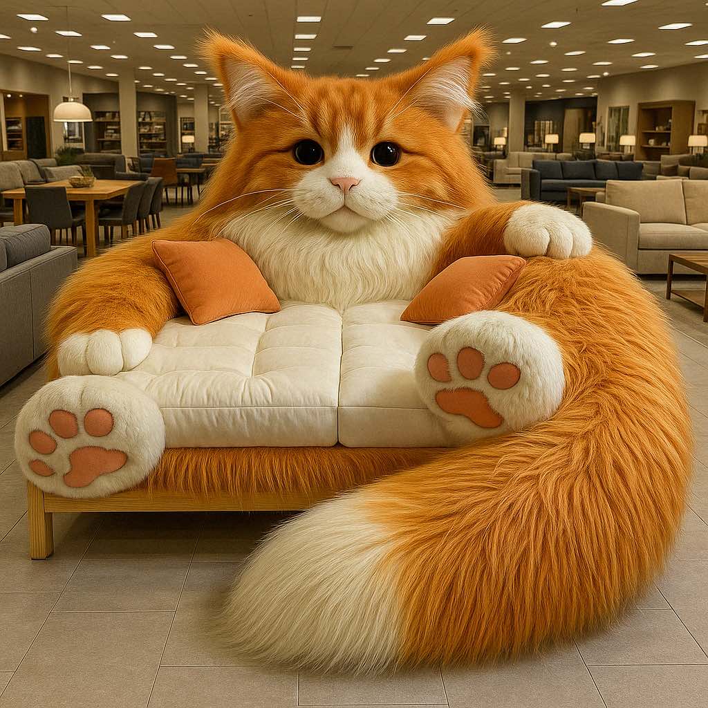  Vibrant orange cat-themed sofa featuring soft white seating and orange paw details in a showroom setting.