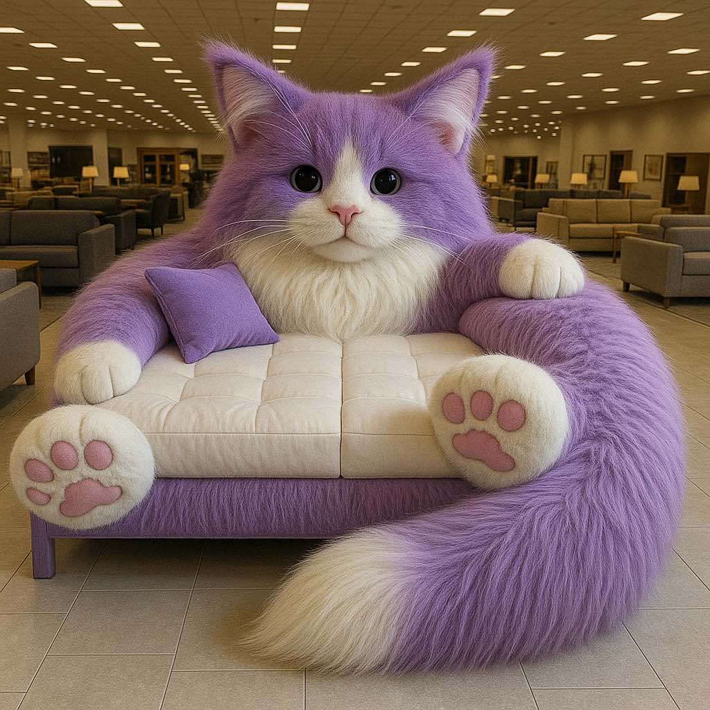 Whimsical purple feline-shaped sofa with cream seat padding and lilac cushions on a showroom floor.