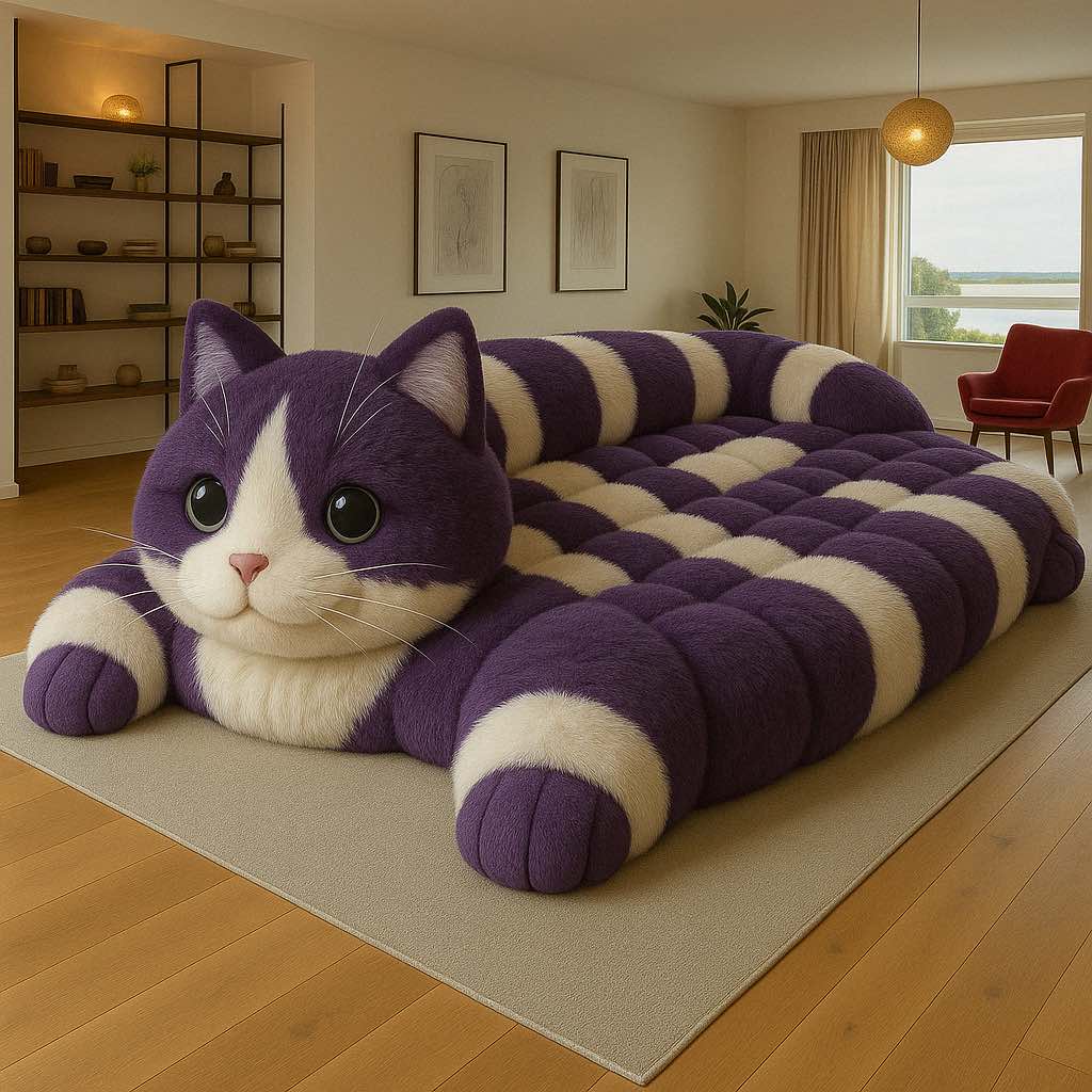 Large purple and cream striped cat bed with a soft, tufted design placed on a living room rug.