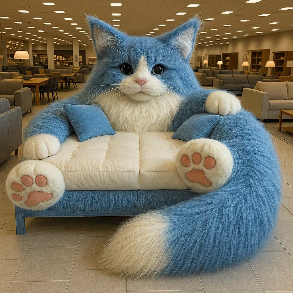 Charming blue cat-style sofa with fluffy textures, cream cushions, and pink paw pads in a modern showroom. 