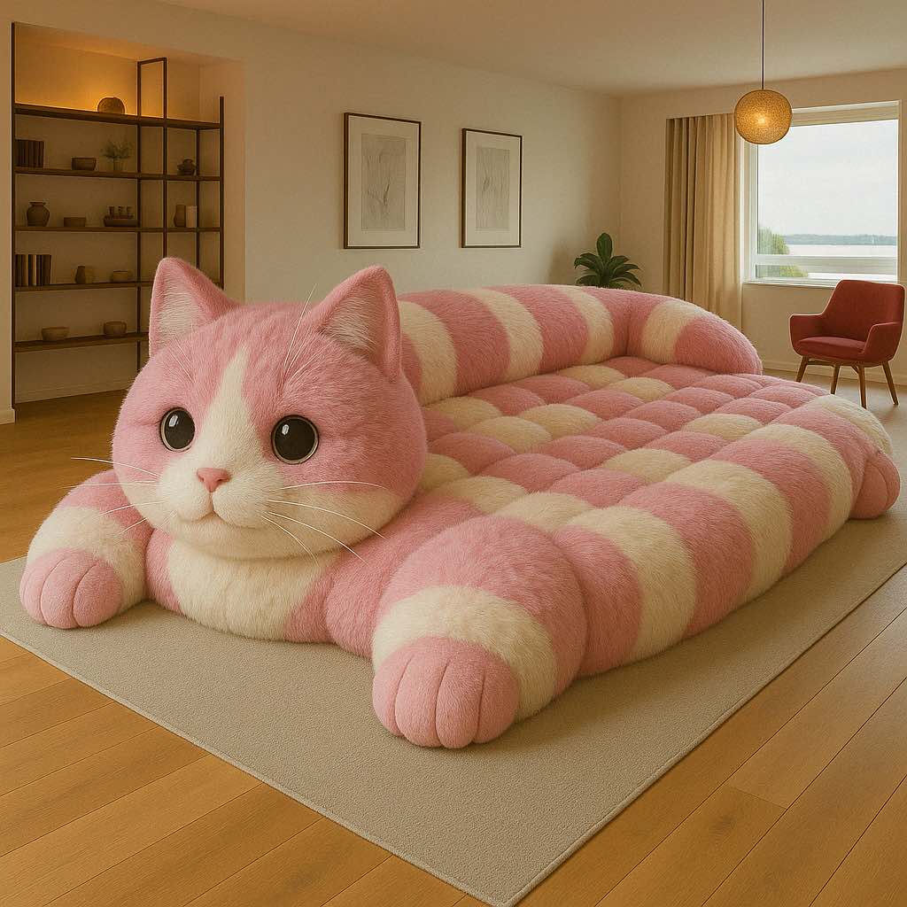 Plush pink and cream striped cat-shaped floor bed in a cosy modern living room.