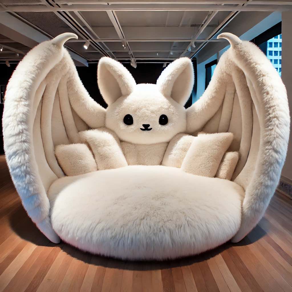 Plush white bat-shaped chair with large wings and a cozy design.