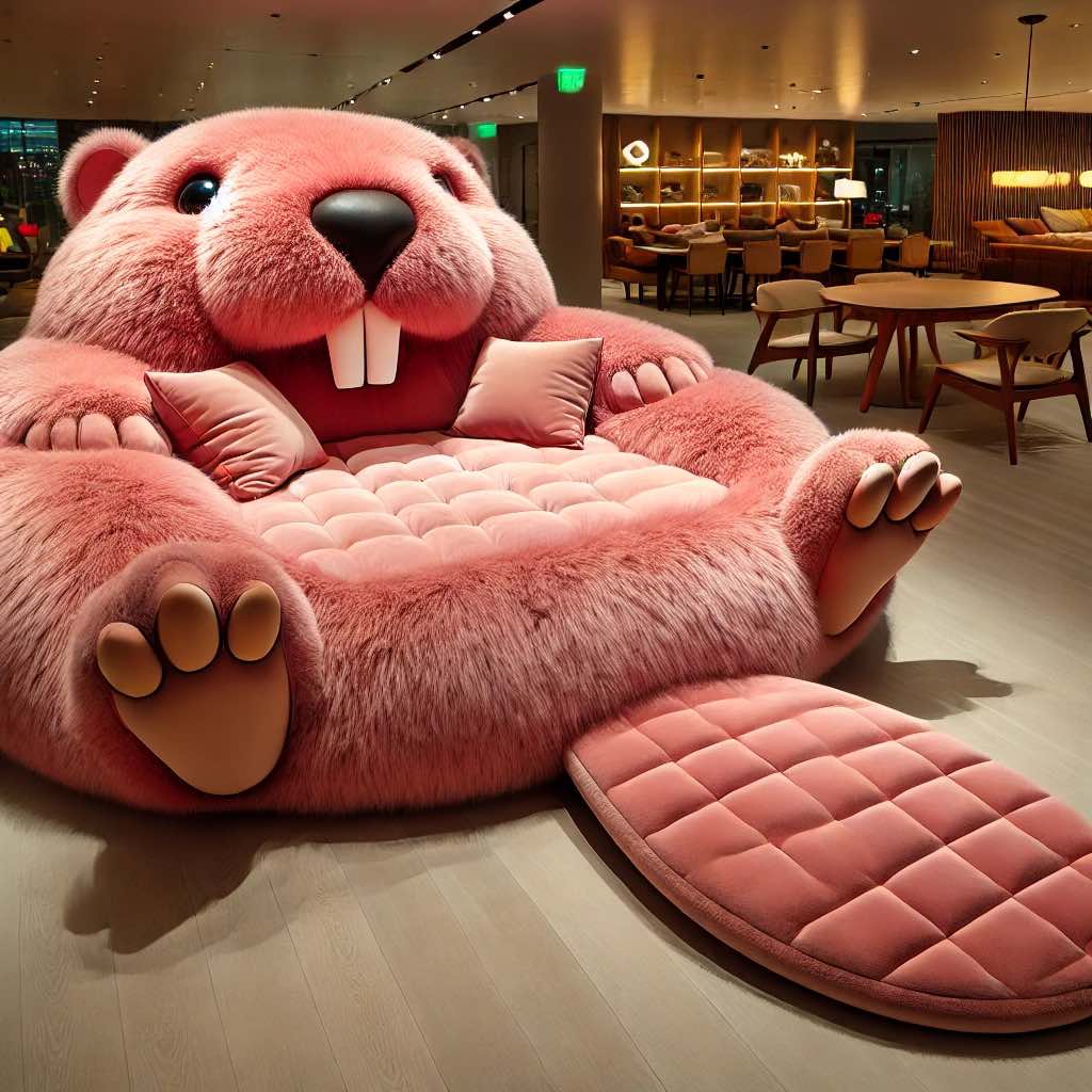 Playful pink beaver-shaped chair with large eyes and cozy seating.