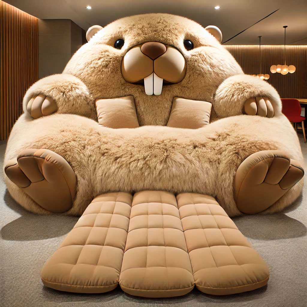 Classic brown beaver-shaped chair featuring plush cushions and a friendly design.