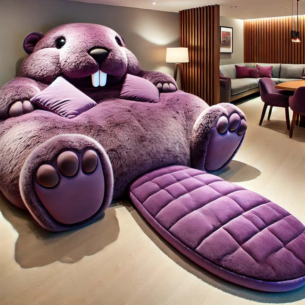 Unique purple beaver-shaped chair providing a whimsical seating option.