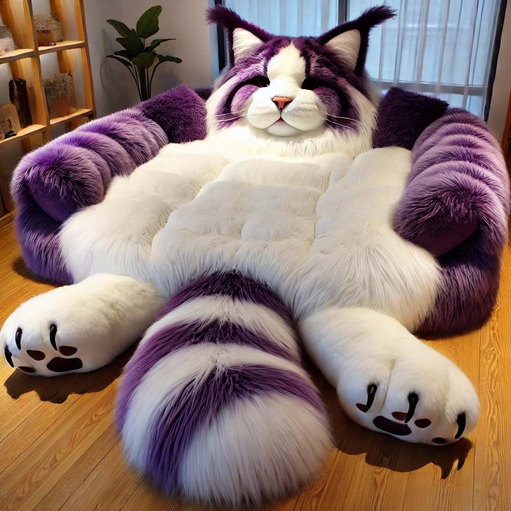 Plush purple cat-shaped chair featuring oversized proportions and a cozy design.