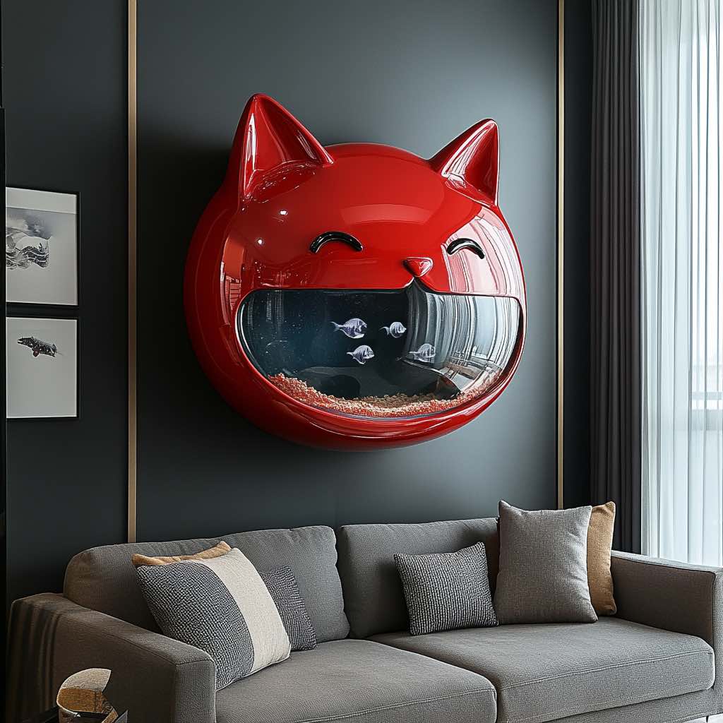 A vibrant red cat-shaped fish tank mounted on a wall, featuring small fish swimming inside.