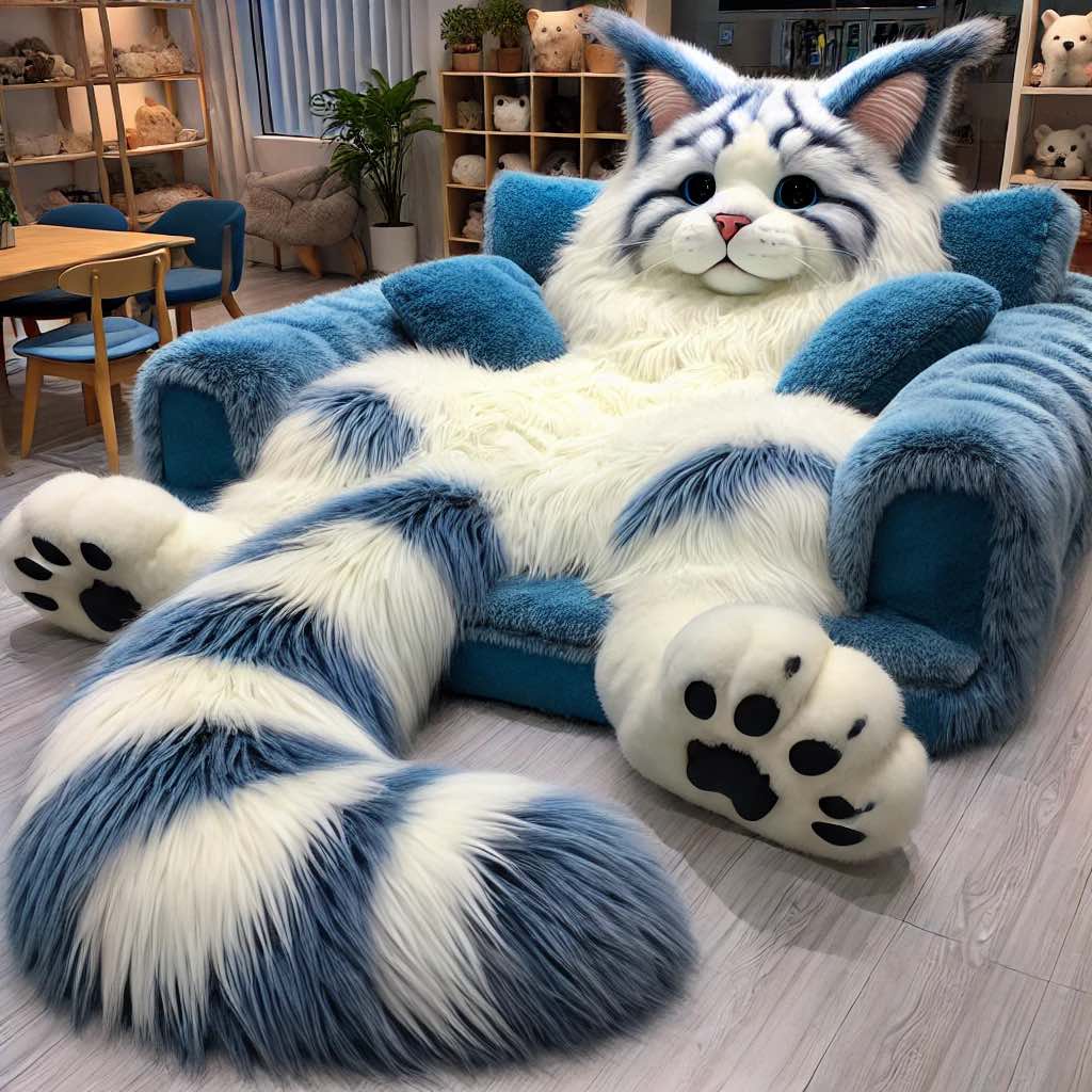 Cool blue cat-shaped chair combining fun design with soft seating.