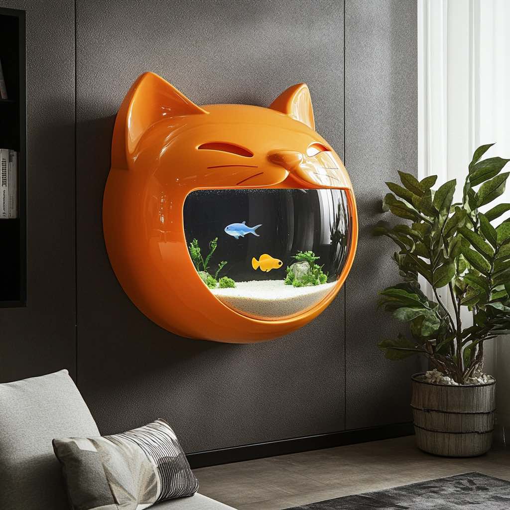 An energetic orange cat-themed fish tank displayed in a living room, complete with vibrant fish.