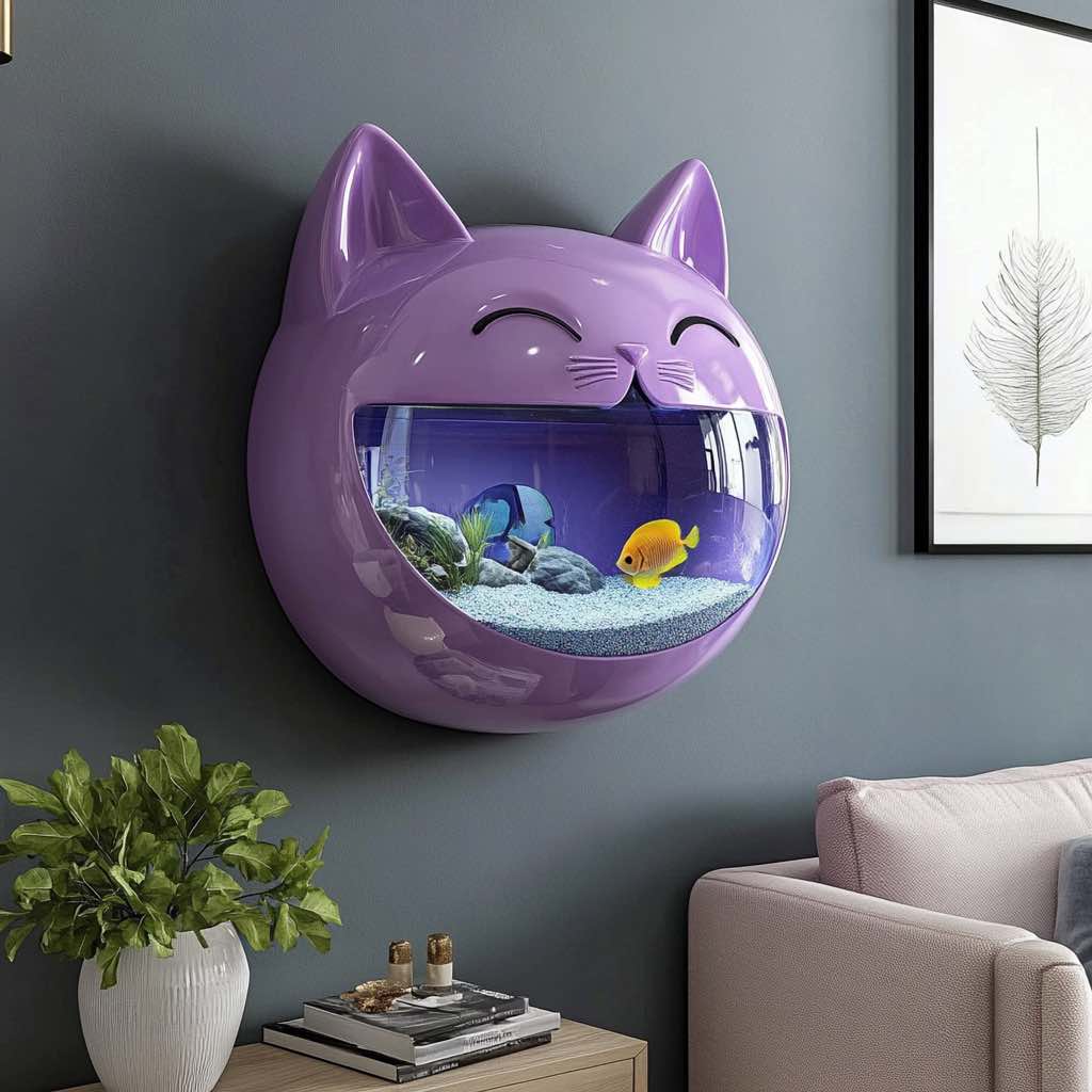 A collage of various cat-shaped fish tanks, showcasing different colours and styles for home decor.