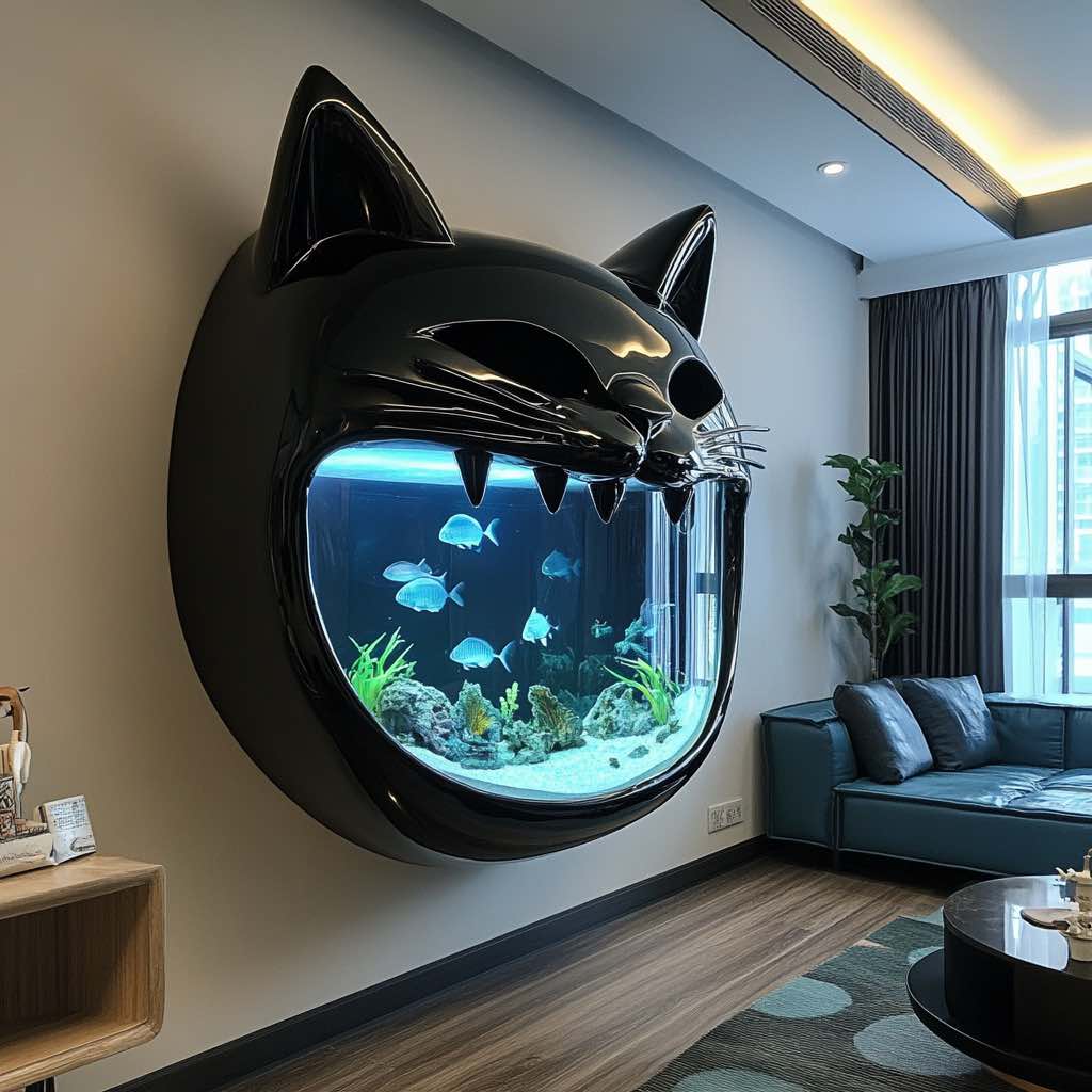 An elegant black cat-themed fish tank in a modern living space, showcasing colourful fish and plants.