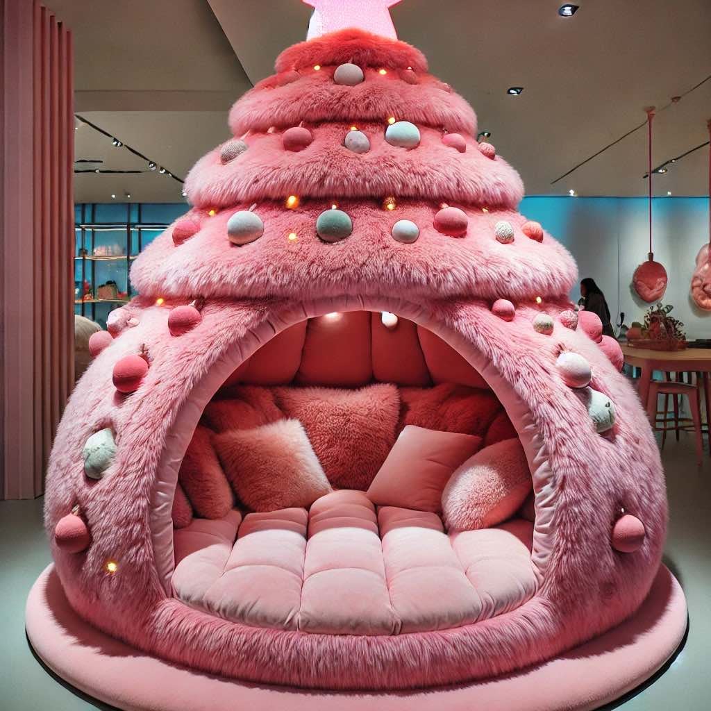 Whimsical pink Christmas tree chair with decorative elements and plush seating.