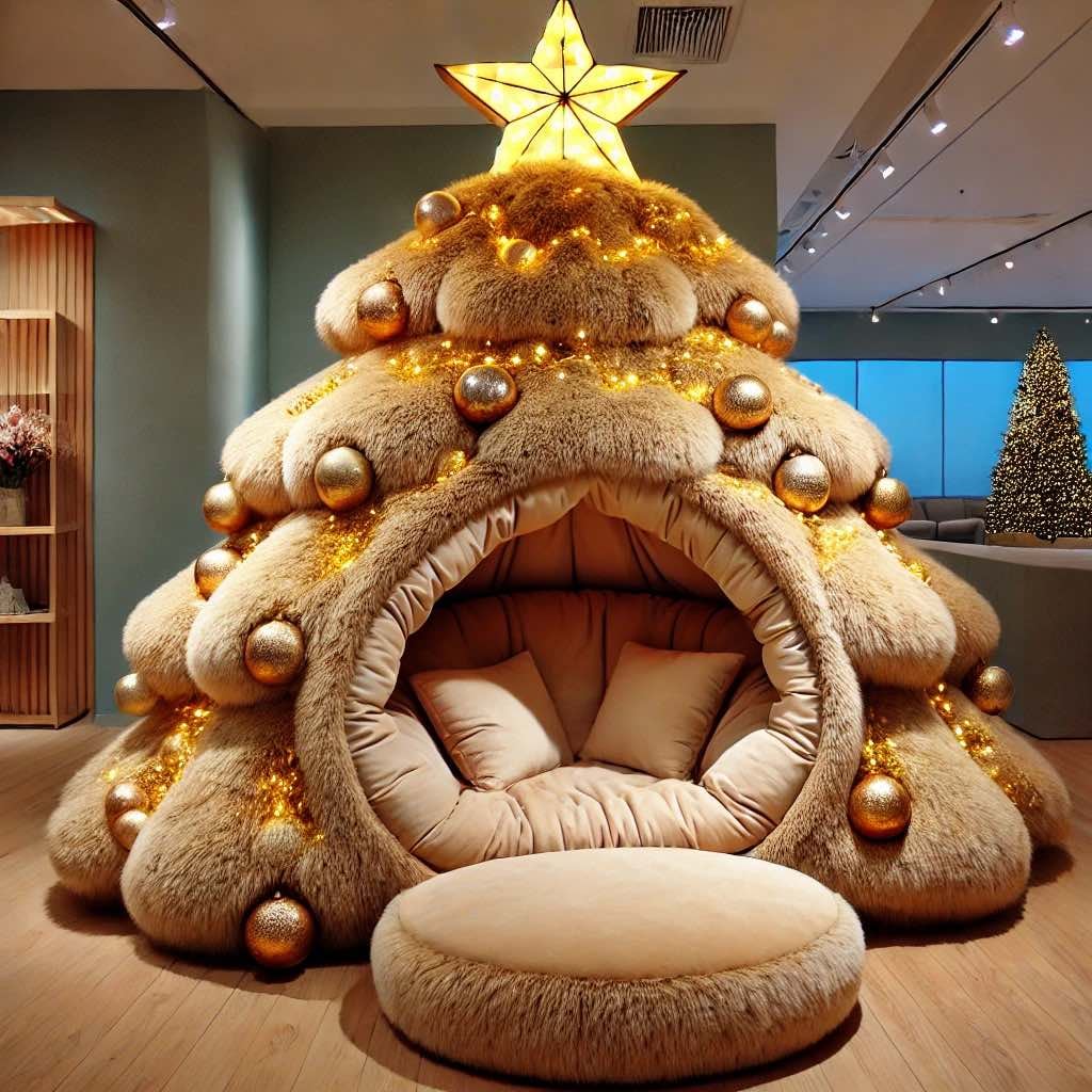 Elegant gold Christmas tree chair featuring a luxurious design and plush cushions.