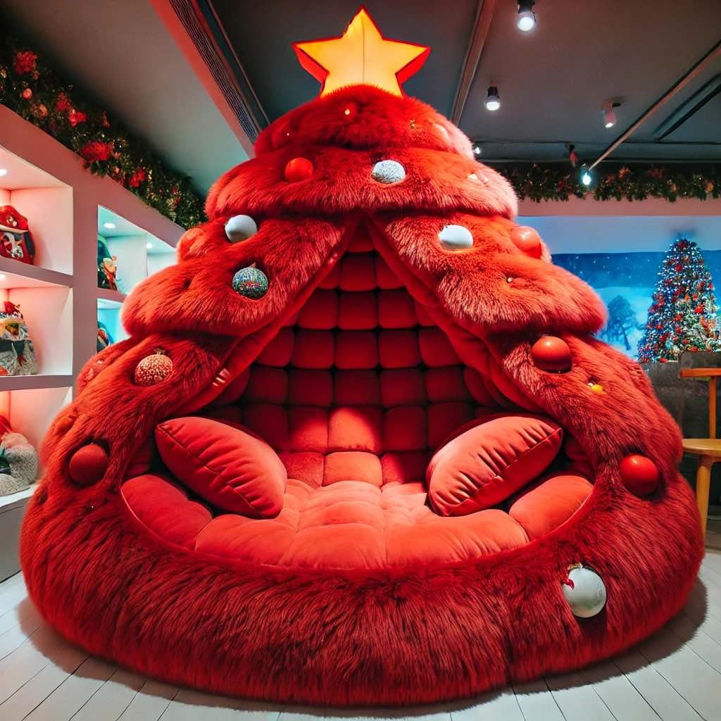 Bold red Christmas tree chair designed for festive comfort and style.