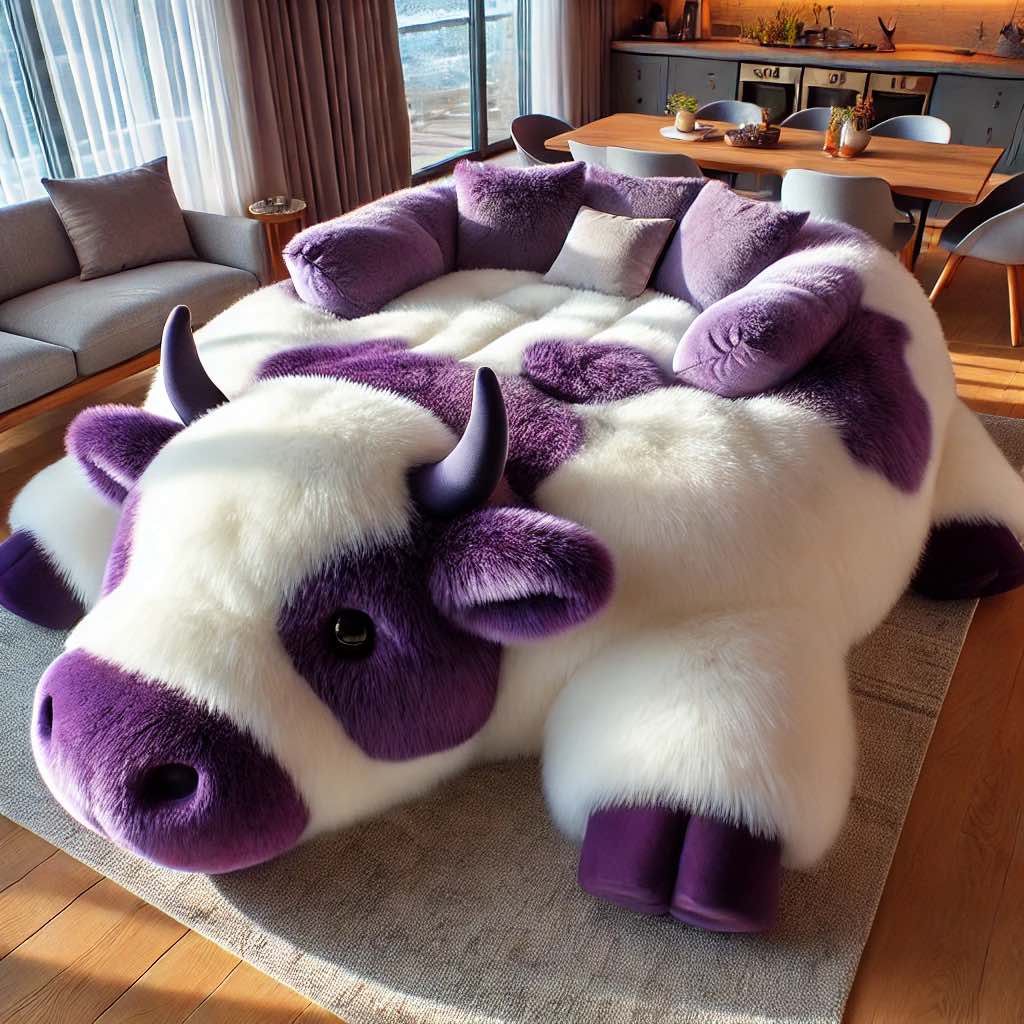Unique purple cow-shaped sofa providing comfort and style for any room.

