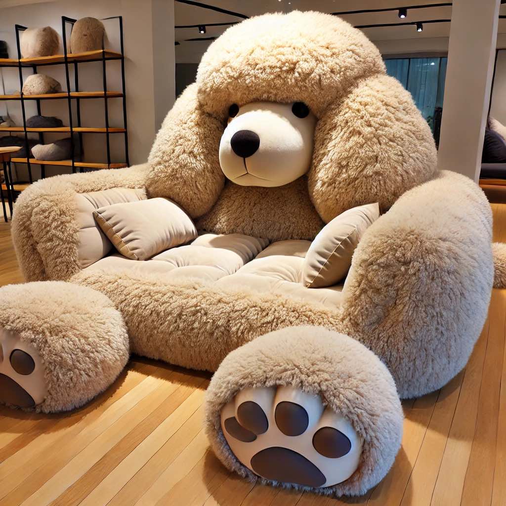 A fluffy beige poodle-themed sofa with plush cushions, featuring a cute poodle face and soft fur.