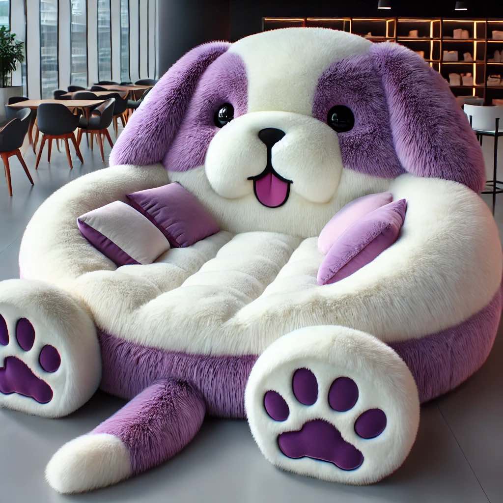 A purple plush dog chair with cute features, pillows, and soft fur in a modern setting.