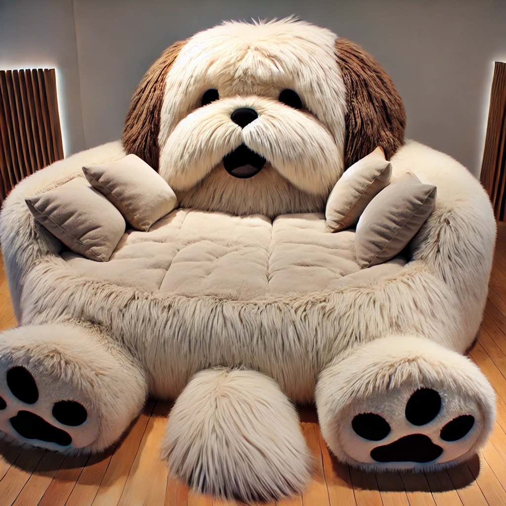 A charming Shih Tzu-themed sofa featuring plush fabric and large, friendly eyes.