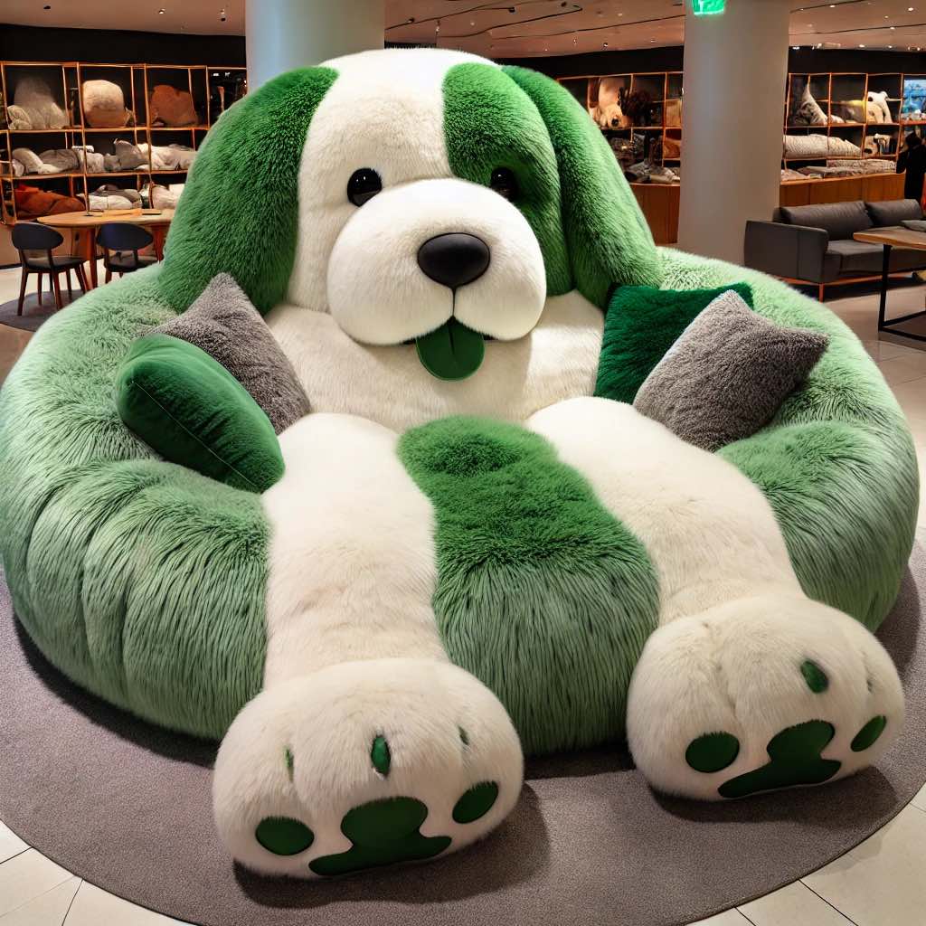 A green plush dog chair designed like a friendly dog, featuring soft cushions in a stylish room.