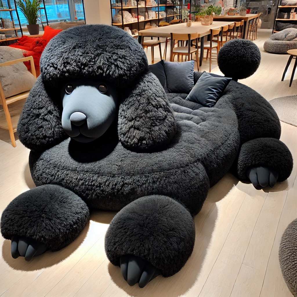 An elegant black poodle couch with a sleek design and plush material, resembling a poodle.