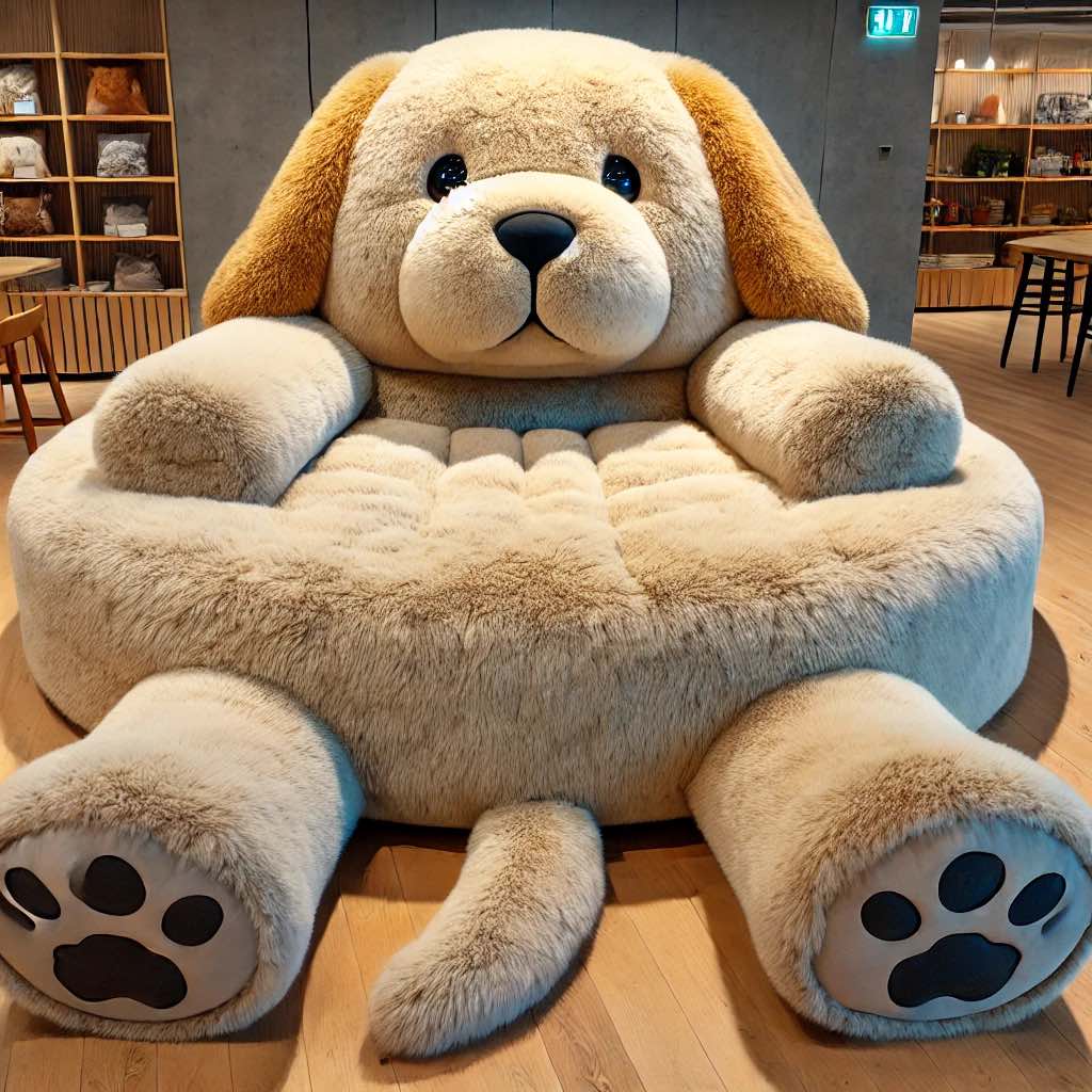 A beige plush dog chair with a charming dog face, set against a contemporary background.