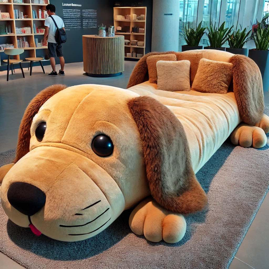 An adorable golden retriever lounge chair shaped like a dog, with plush features and a friendly expression.
