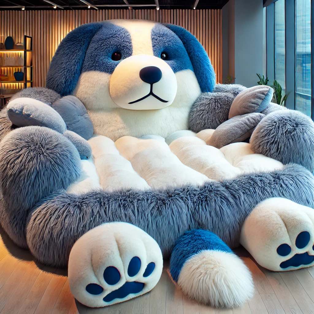 A blue plush dog chair with oversized paws, adding a fun touch to a modern living space.