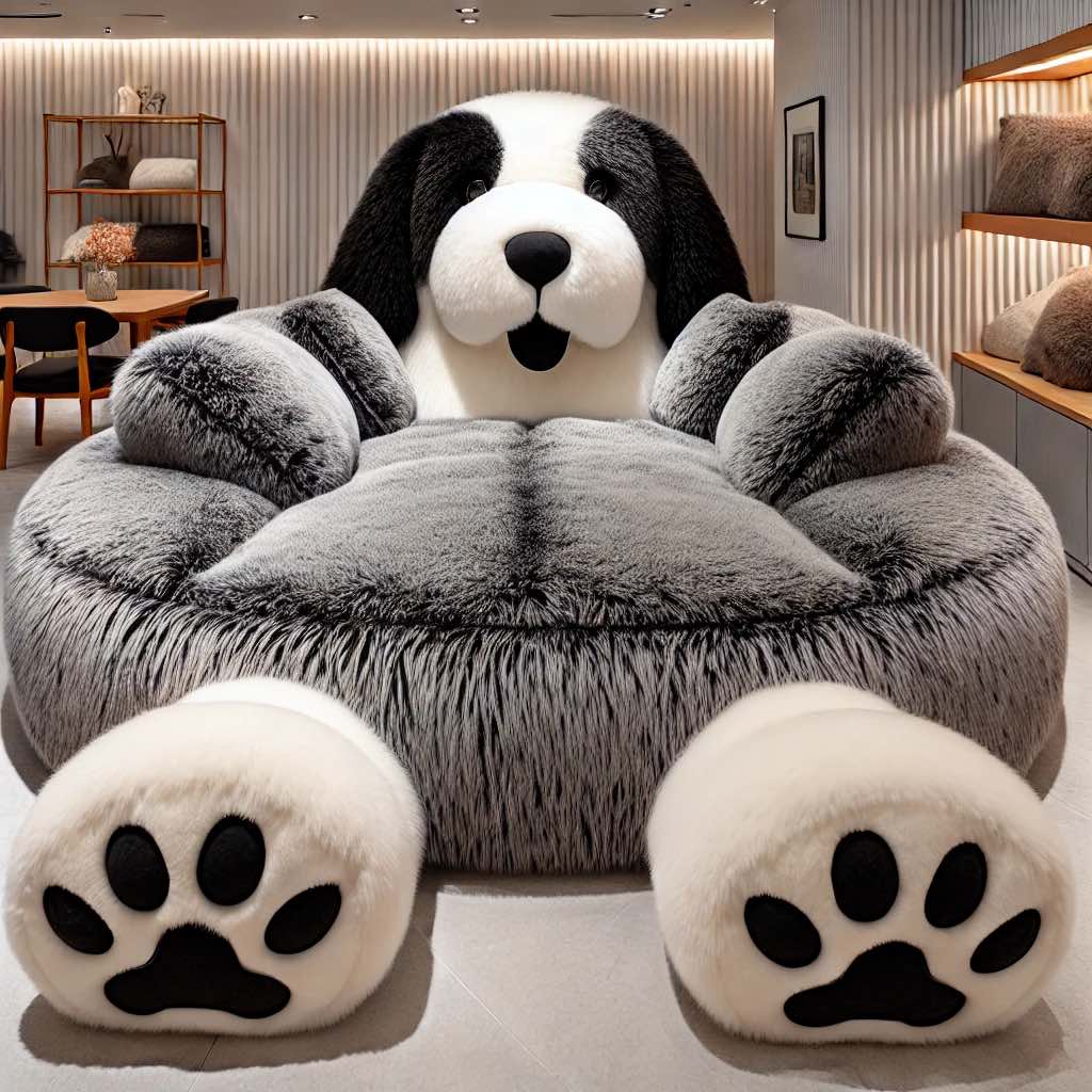 A grey plush dog chair with a large fluffy design, creating a cozy atmosphere in a stylish room.