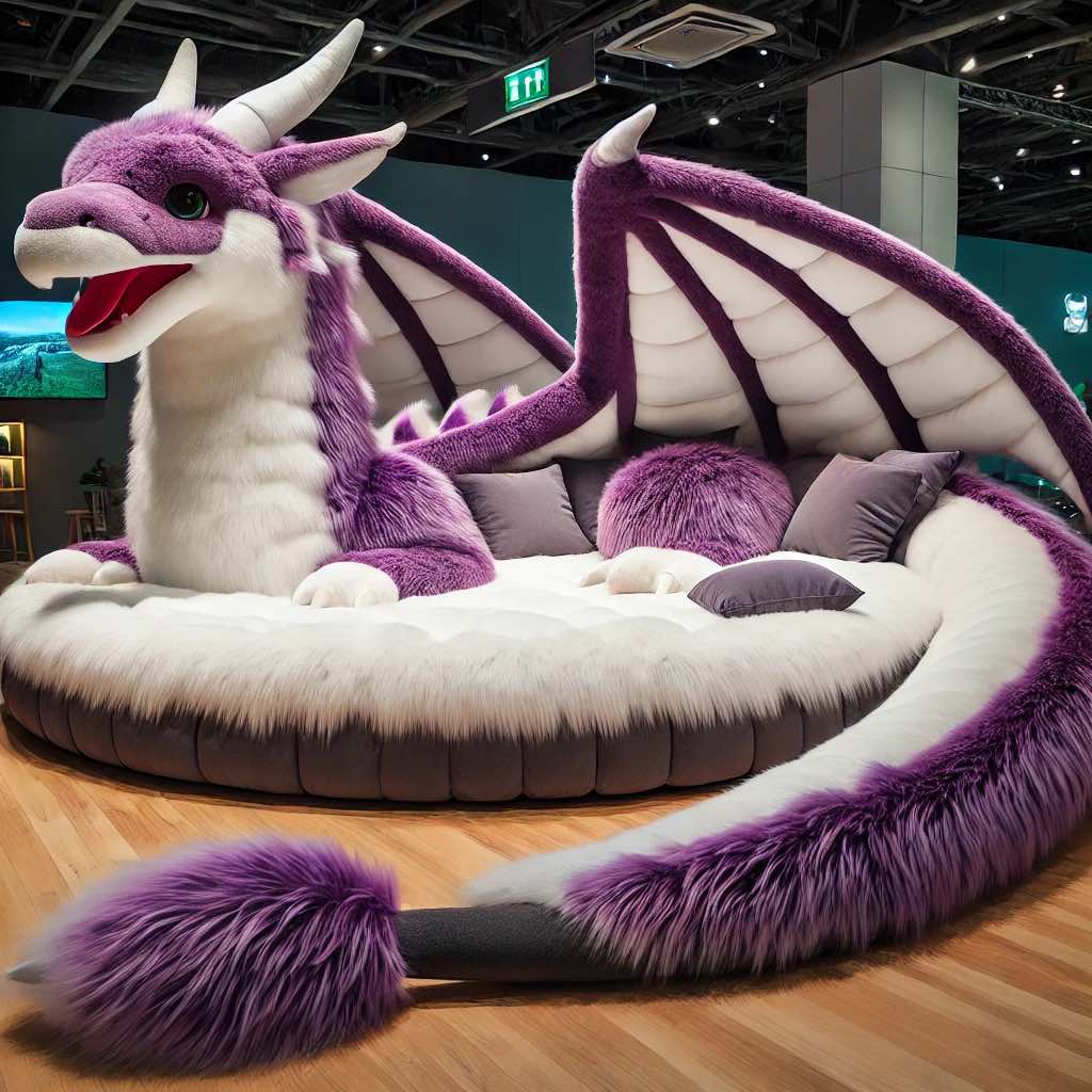 Plush purple dragon-shaped chair with wings and cozy seating.