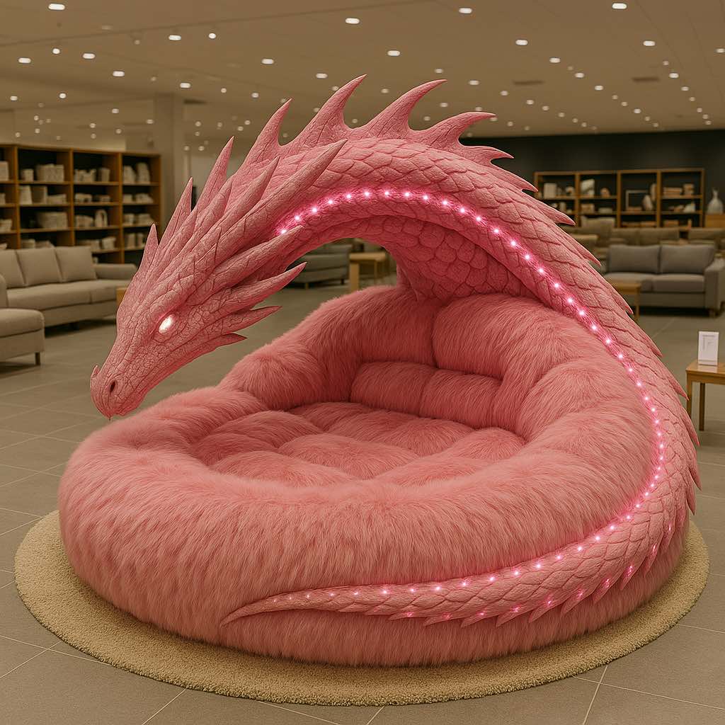 Cozy pink dragon-shaped lounge chair with glowing pink lights in a showroom setting.