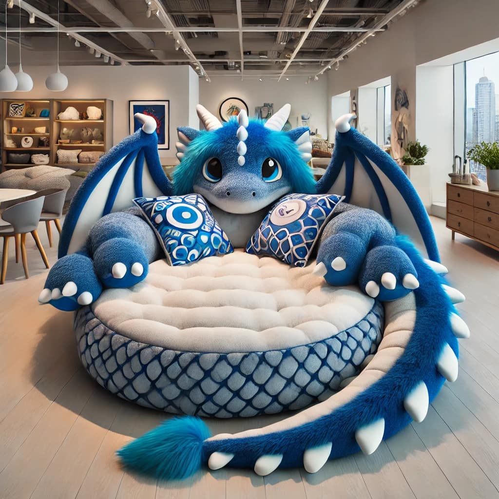 Blue dragon-themed plush sofa with wings and matching decorative pillows in a stylish living space.