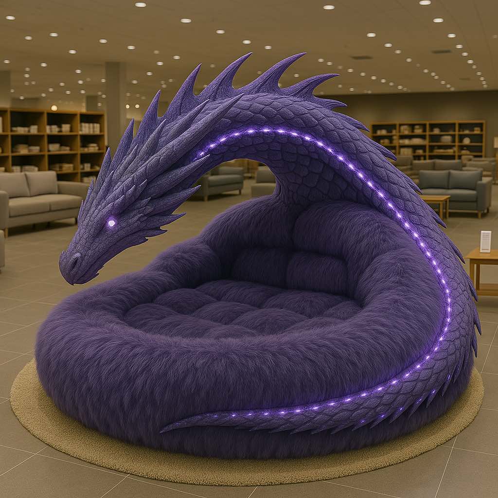 Dark purple dragon-themed daybed with glowing violet spine lights in a modern showroom.